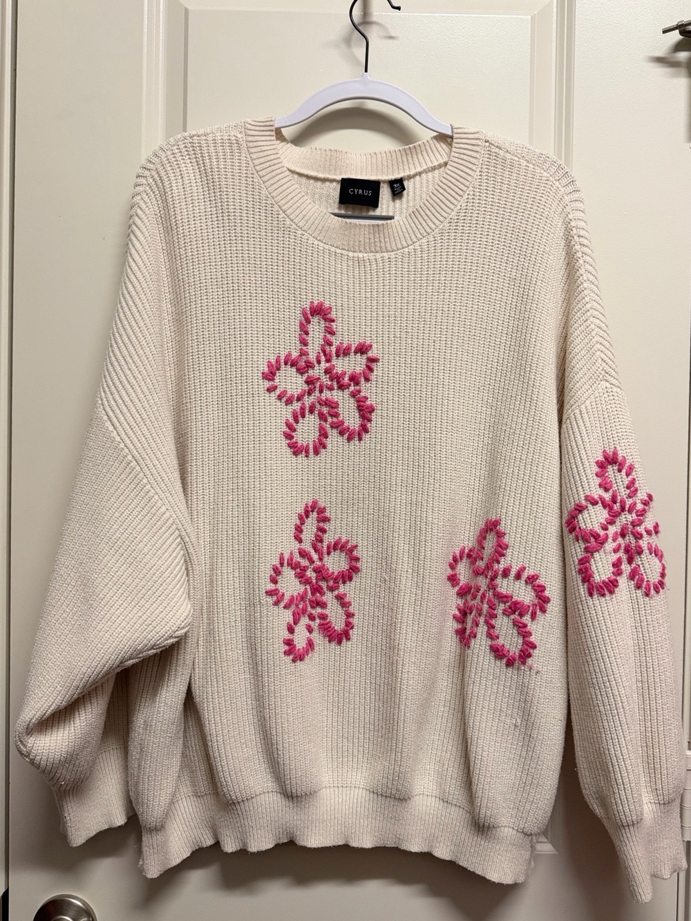 ✨ Pick 3 for $15 ✨ CYRUS Cream Sweater with Pink Floral Embroidery